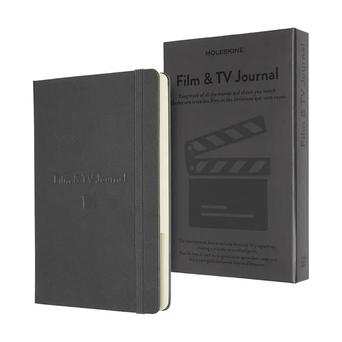 Moleskine Film & TV Journal hardcover in grijs naast de doos