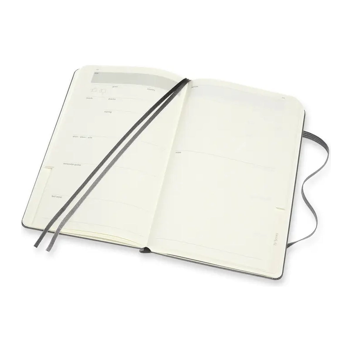 Opengeslagen Moleskine Film & TV Journal met invulpagina's en leeslintjes