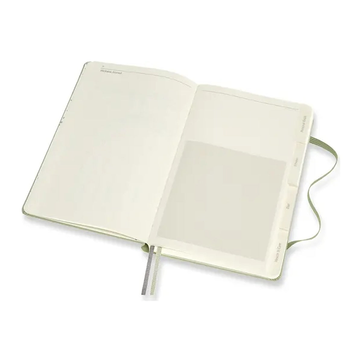 Opengeslagen Moleskine Wellness Journal met tabbladen en leeslintjes